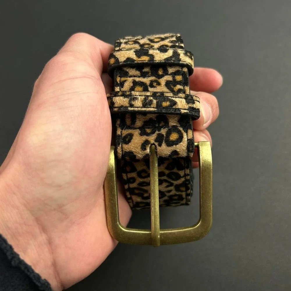 Vintage style cheetah leopard print fur belt american western black and tan